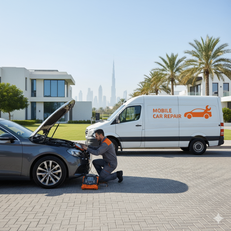 إصلاح السيارات المتنقلة في الإمارات – فني سيارات متنقل من شركة موبيل كار يقوم بصيانة سيارة أمام المنزل باستخدام أدوات حديثة