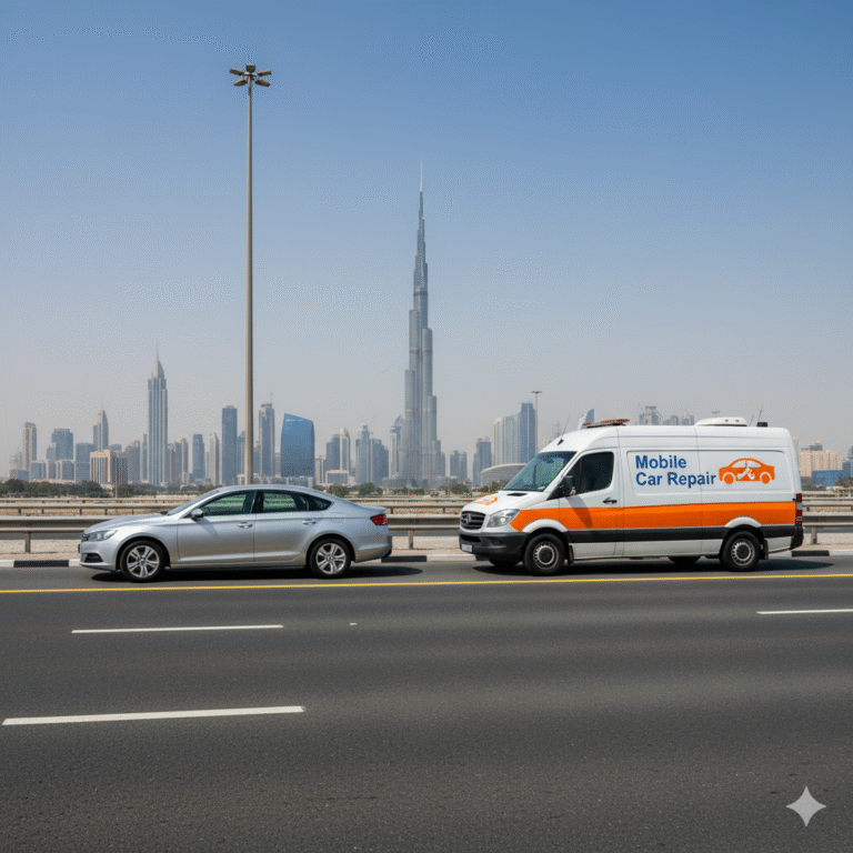 سيارة متوقفة بجوار شاحنة خدمة تصليح السيارات المتنقلة في دبي من موبيل كار