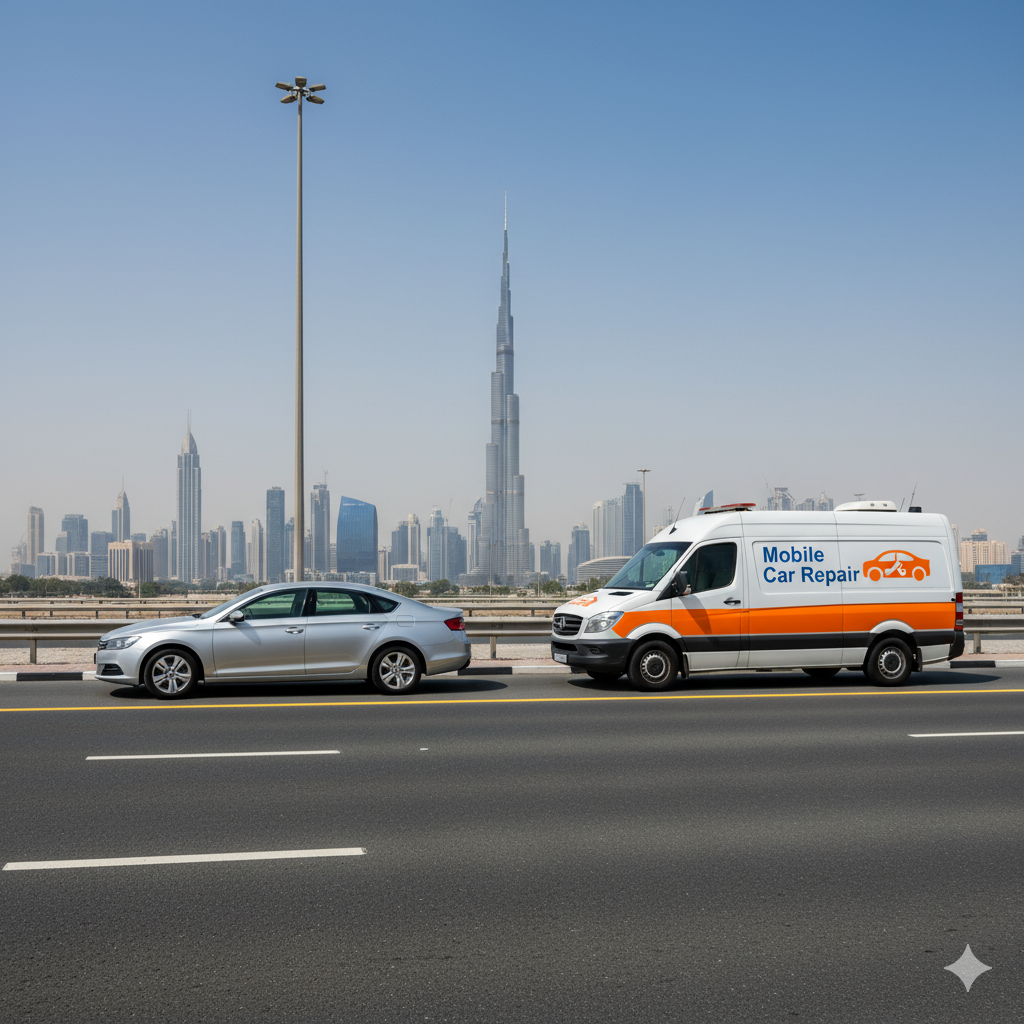 سيارة متوقفة بجوار شاحنة خدمة تصليح السيارات المتنقلة في دبي من موبيل كار