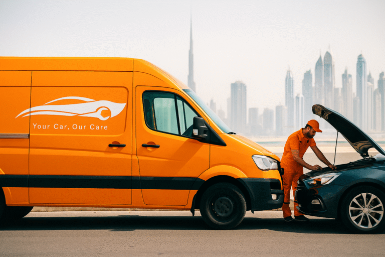 كهربائي سيارات متنقل دبي يعمل على إصلاح سيارة أمام فان برتقالي يحمل شعار شركة موبيل كار في دبي