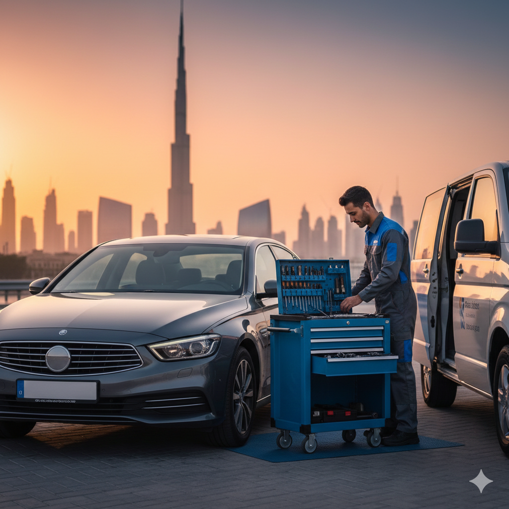 كهربائي سيارات متنقل دبي ينهي إصلاح السيارة في موقع العميل مع غروب الشمس وخلفية مدينة دبي