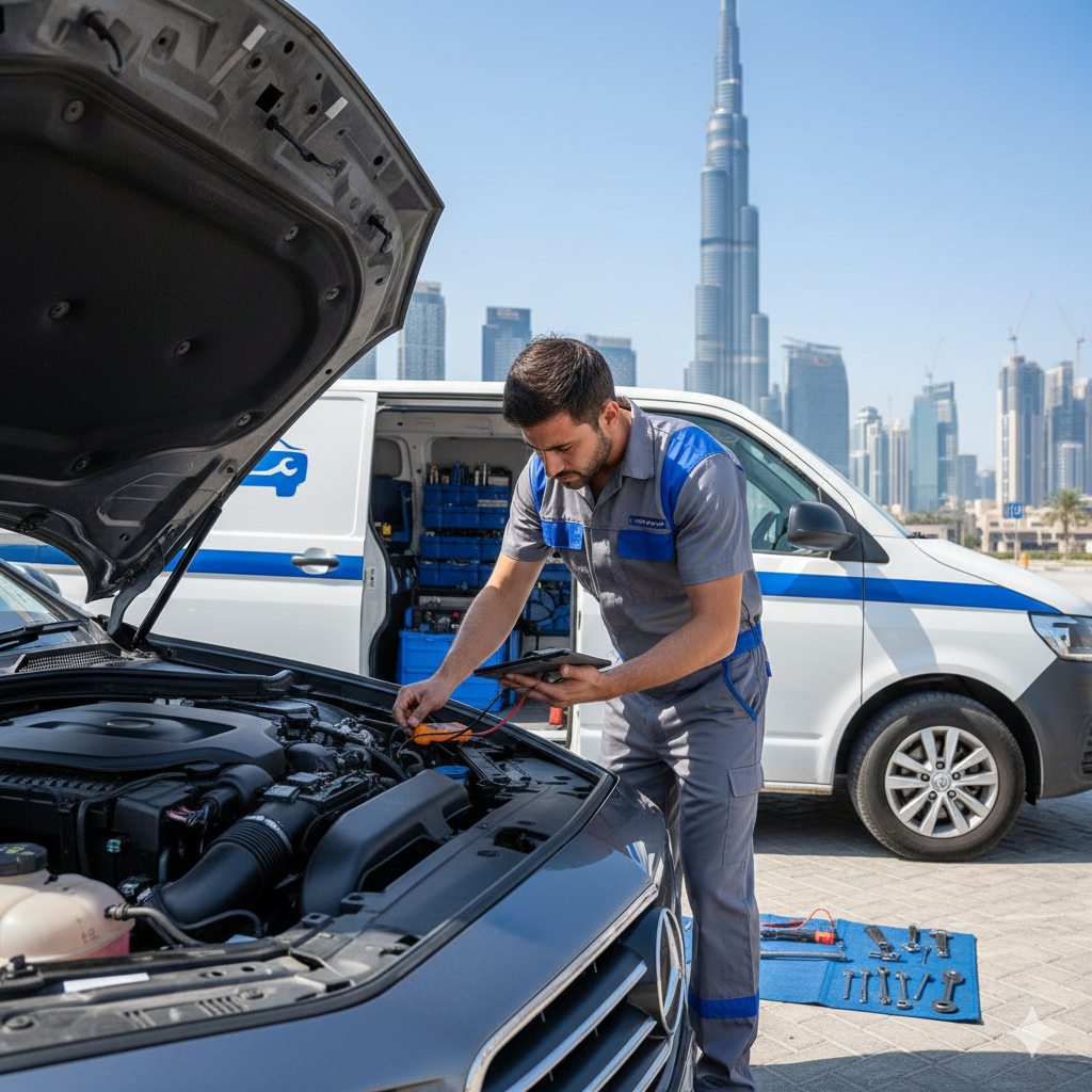 كهربائي سيارات متنقل دبي يقوم بفحص كهرباء سيارة حديثة باستخدام جهاز تشخيص متنقل في موقع العميل داخل دبي