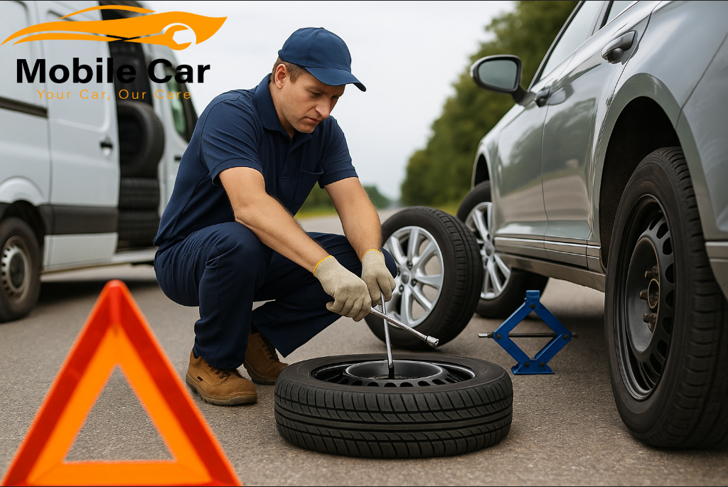 خدمة اطارات 24 ساعة دبي- فني يرتدي زي عمل أزرق يقوم بتبديل إطار سيارة متوقفة على جانب الطريق ضمن خدمة اطارات 24 ساعة في دبي، بجانبه معدات السلامة وشاحنة متنقلة