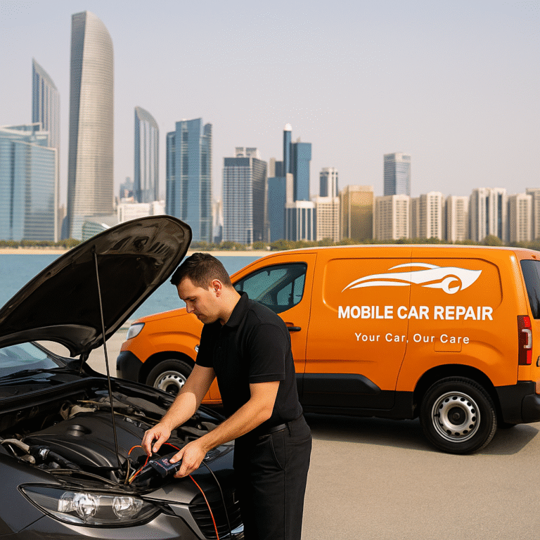 كهربائي سيارات متنقل في أبوظبي يصلح الأعطال على الطريق بجانب سيارة الفان الخاصة بشركة موبيل كار