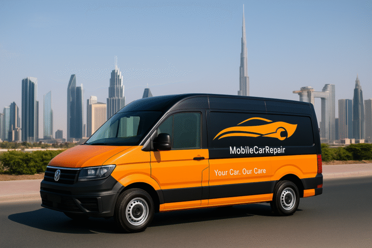 ورشة تصليح سيارات متنقلة في دبي تظهر فيها سيارة فان برتقالية لخدمة MobileCarRepair