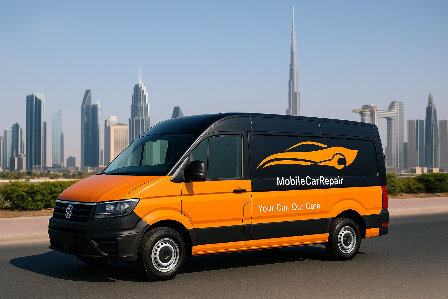 ورشة تصليح سيارات متنقلة في دبي تظهر فيها سيارة فان برتقالية لخدمة MobileCarRepair