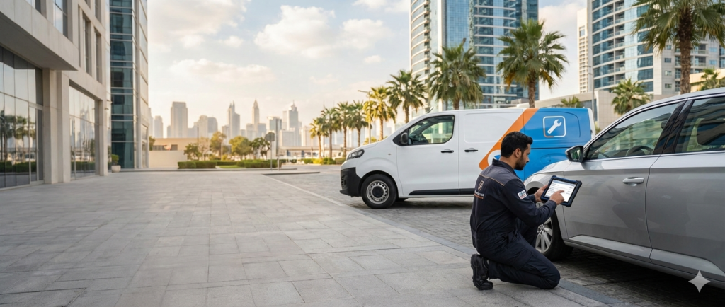 ميكانيكي سيارات متنقل في الإمارات يفحص السيارة بجهاز تشخيص على الطريق