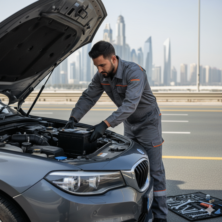 ميكانيكي يقوم بتبديل بطارية السيارة في الإمارات على الطريق ضمن خدمة متنقلة سريعة بدون ورشة.