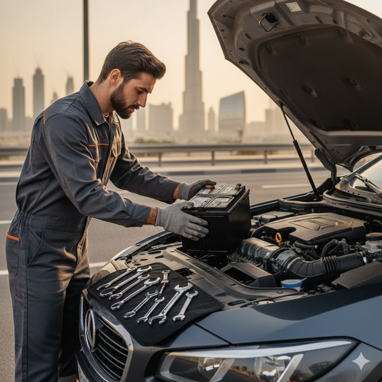 تركيب أفضل بطارية سيارة في الإمارات على الطريق مع فني داخل دبي