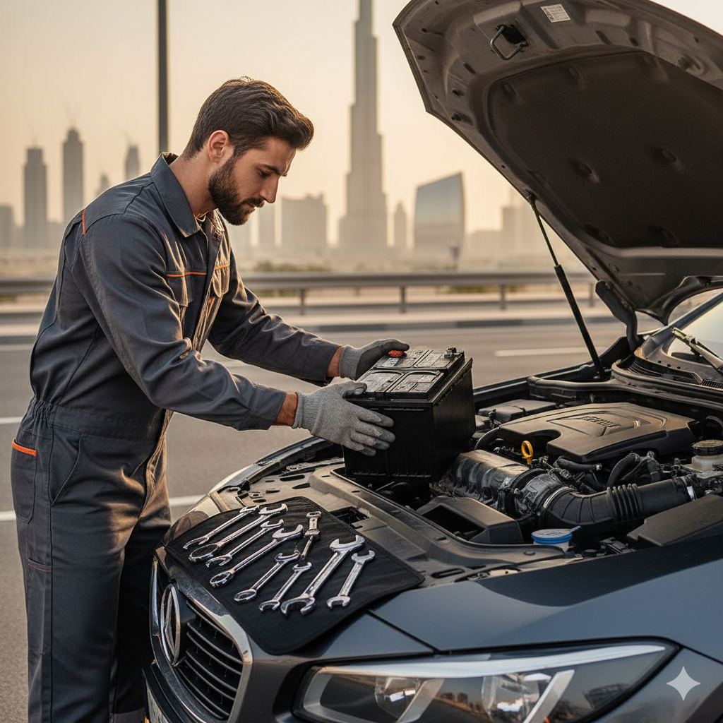 تركيب أفضل بطارية سيارة في الإمارات على الطريق مع فني داخل دبي